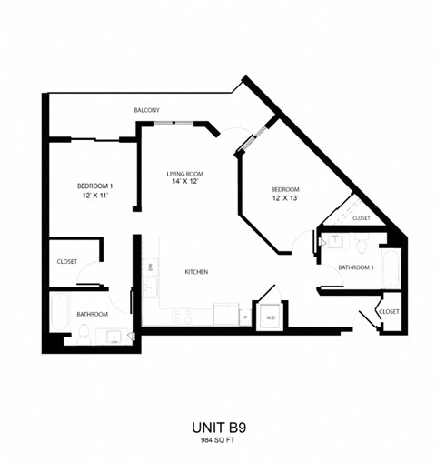 Floor plan for 2 beds, 2 baths, 984 sqft